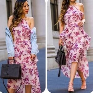 Express Pink Floral Halter High-Low Midi Tiered Ruffle Dress - XS TP Tall Petite